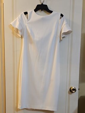Calvin Klein Off-White Cold-Shoulder Midi Dress, Size 8